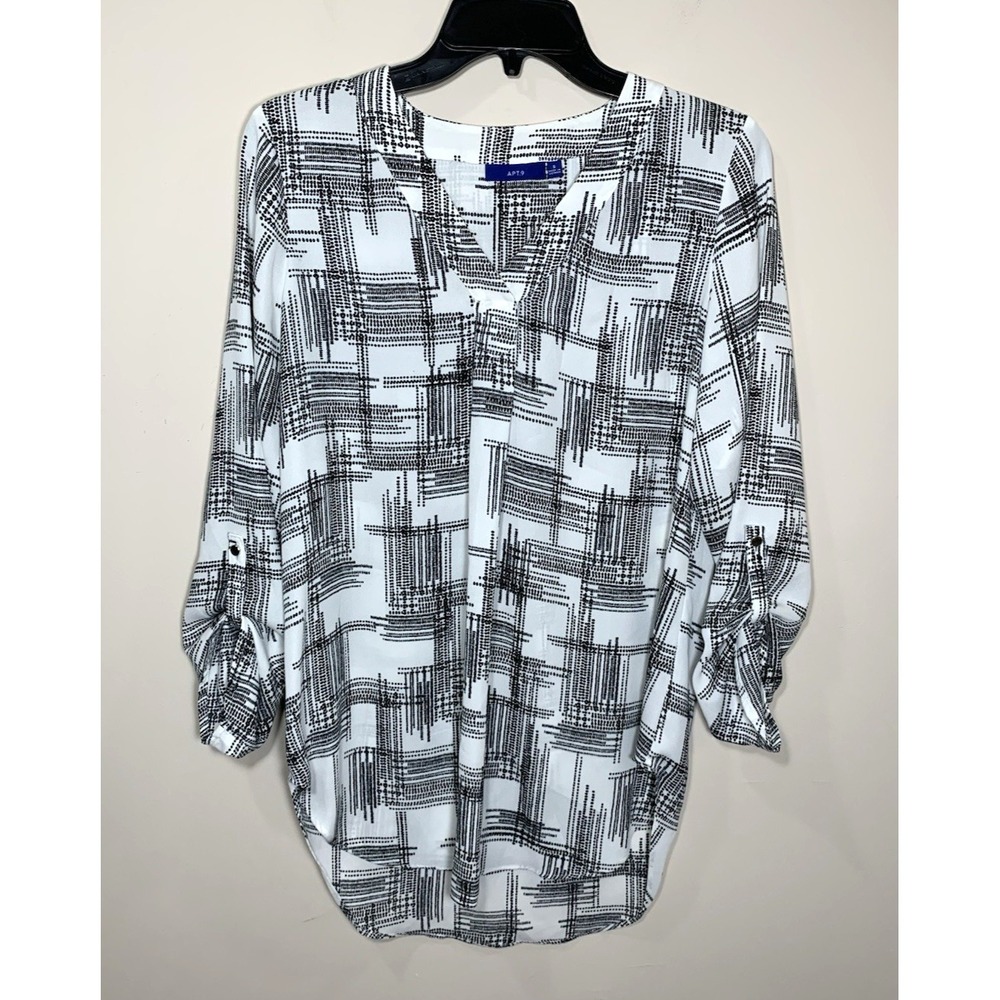 Apt. 9 Top Womens Small‎ Tunic Blouse Ivory Black Print Roll Tab Popover Career